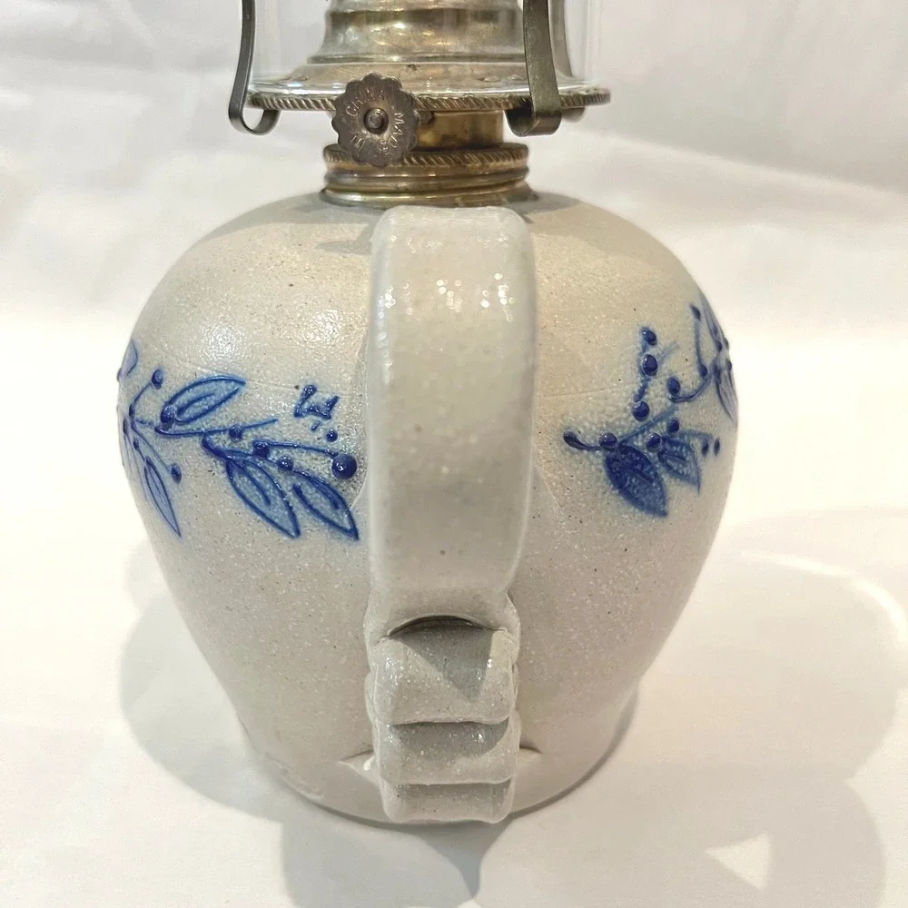 Salmon Falls Stoneware Kerosene Oil Lamp & Chimney Blueberry Vine Signed 1999